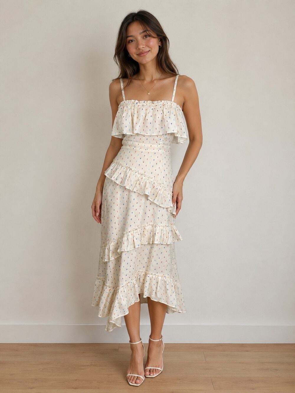NWT Red Carter Ruffled Midi Dress Women's Small Ivory Asymmetrical Hem Cottage